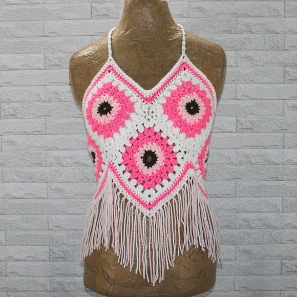 Hand Crafted Tops - HAND CRAFTED Crochet Crop Top Pink Sunflower Floral Fringe Granny Square Various